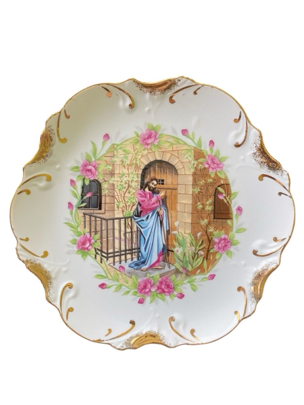 Vintage Jesus Knocking On Door Decorative Wall Plate Gold Trim Religion Japan